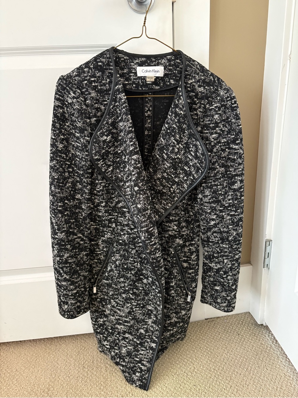 Calvin Klein Black & White Tweed Open-Front Women’s Sweater Coat